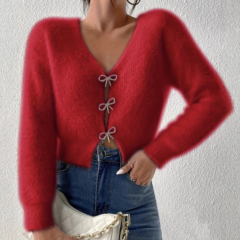 Damen Flauschiger Cropped-Cardigan mit V-Ausschnitt und Schleifen‑Verschlüssen – Veloura