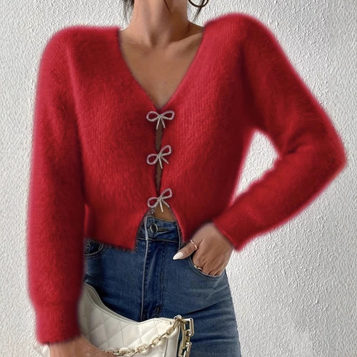 Damen Flauschiger Cropped-Cardigan mit V-Ausschnitt und Schleifen‑Verschlüssen – Veloura