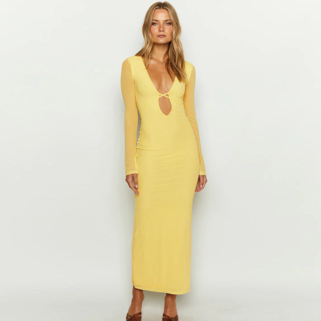 Damen elegantes Maxikleid mit tiefem V-Ausschnitt und transparenten Ärmeln Echo Archiv