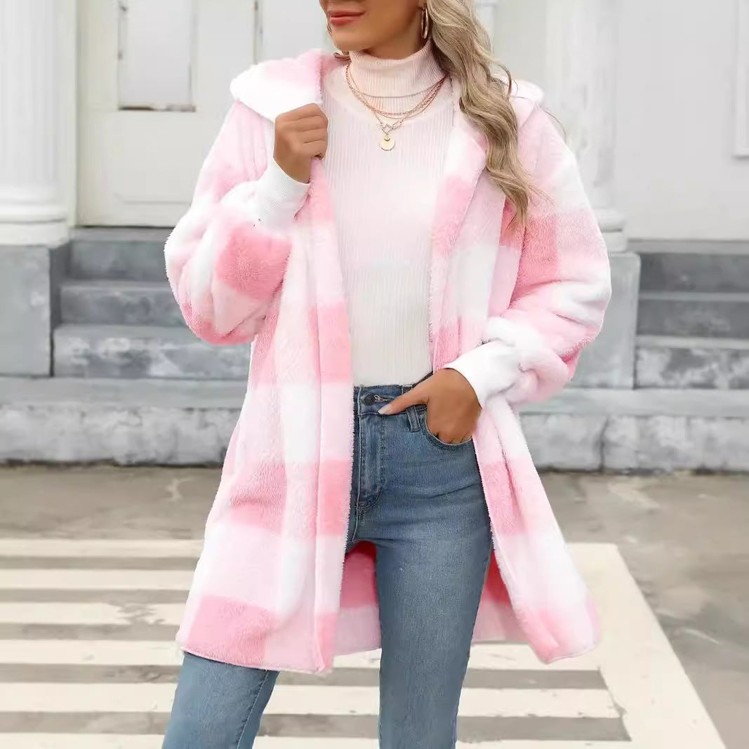 Damen Oversize Karierter Teddy-Mantel mit Kapuze und Eingrifftaschen Echo Archiv
