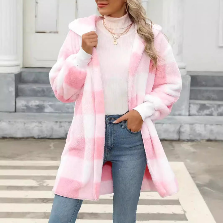 Damen Oversize Karierter Teddy-Mantel mit Kapuze und Eingrifftaschen Echo Archiv