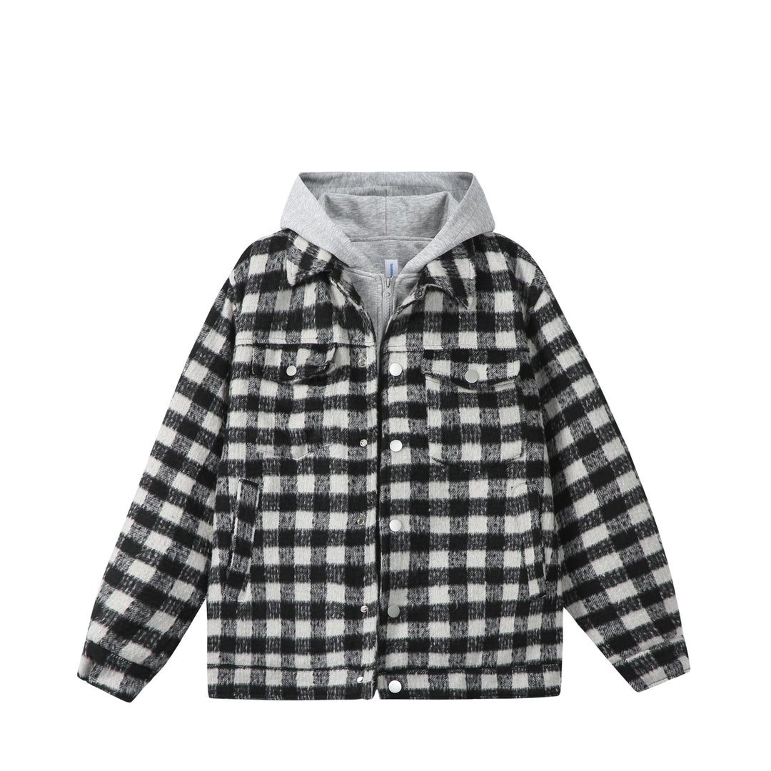Damen Kurzblouson im Shacket‑Stil mit Karo‑Wolloptik und integrierter Sweatkapuze Echoarchiv
