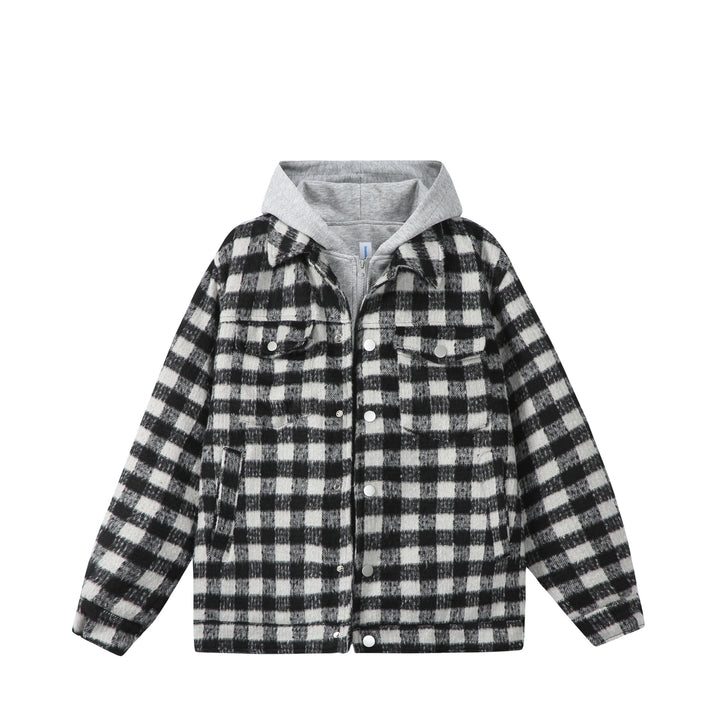 Damen Kurzblouson im Shacket‑Stil mit Karo‑Wolloptik und integrierter Sweatkapuze Echoarchiv