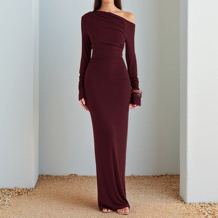 Damen One-Shoulder Abend-Maxikleid mit langem Arm und taillierter Drapierung – Avérine