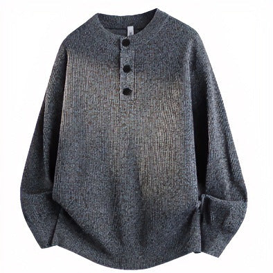 Unisex Oversized Rippen-Henley-Pullover mit verlängertem Rückensaum und 3-Knopf-Leiste Echoarchiv