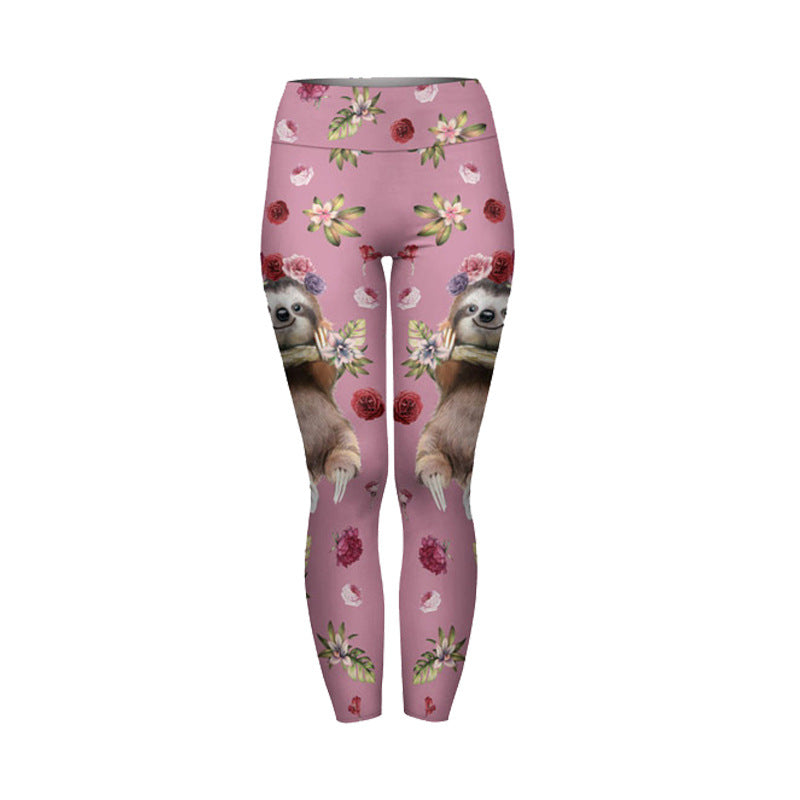 Damen Leggings mit floralem Faultier-Alloverprint und hohem Taillenbund – Avélisse