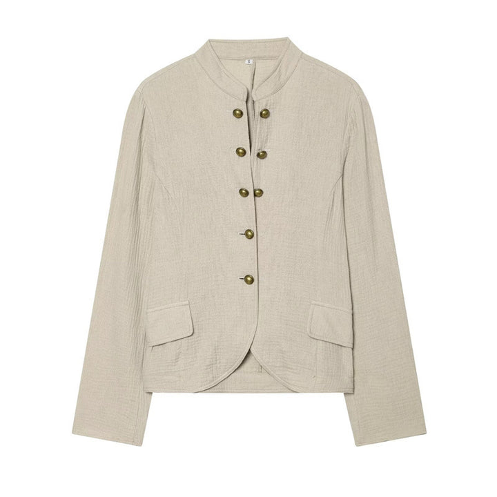 Damen Boxy-Leinenblazer mit Stehkragen, dekorativer Knopfleiste und Pattentaschen Echo Archiv
