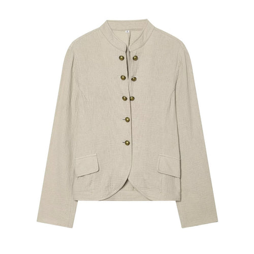 Damen Boxy-Leinenblazer mit Stehkragen, dekorativer Knopfleiste und Pattentaschen Echo Archiv