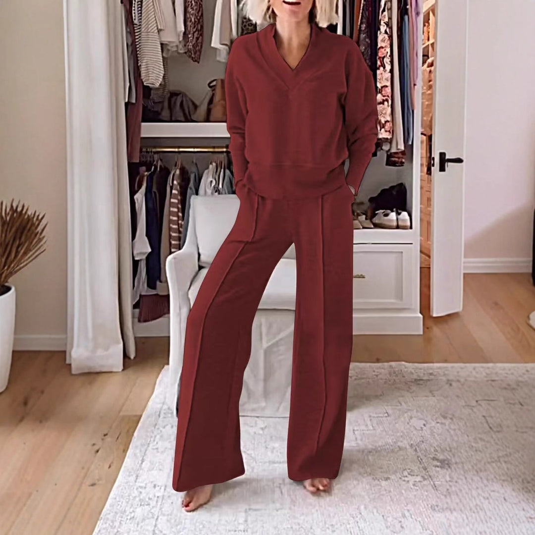 Damen Zweiteiliges Lounge-Set aus weichem Jersey mit V-Ausschnitt und weitem Palazzohosen-Schnitt Echo Archiv