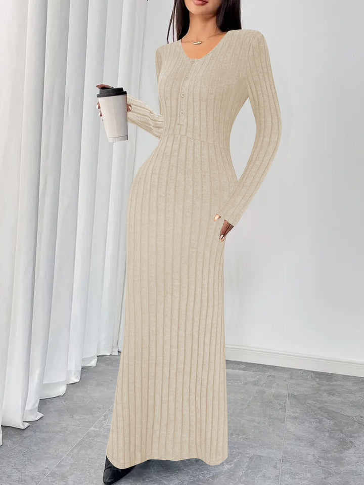 Damen Geripptes Maxi-Strickkleid mit Taillennaht und Knopfleiste Echoarchiv