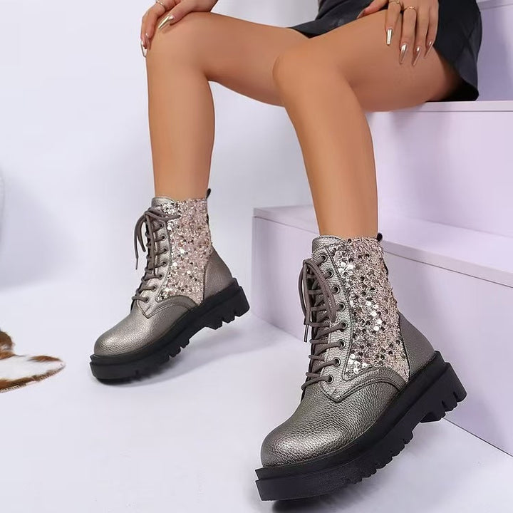 Damen glitzernde Schnür-Bikerboots mit robust profilierter Sohle und metallisch genarbter Oberfläche – Lioré