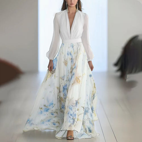 Damen nan fließendes Chiffon-Maxikleid mit tiefem V-Ausschnitt, tailliertem Bund und langem Glockenrock Echo Archiv