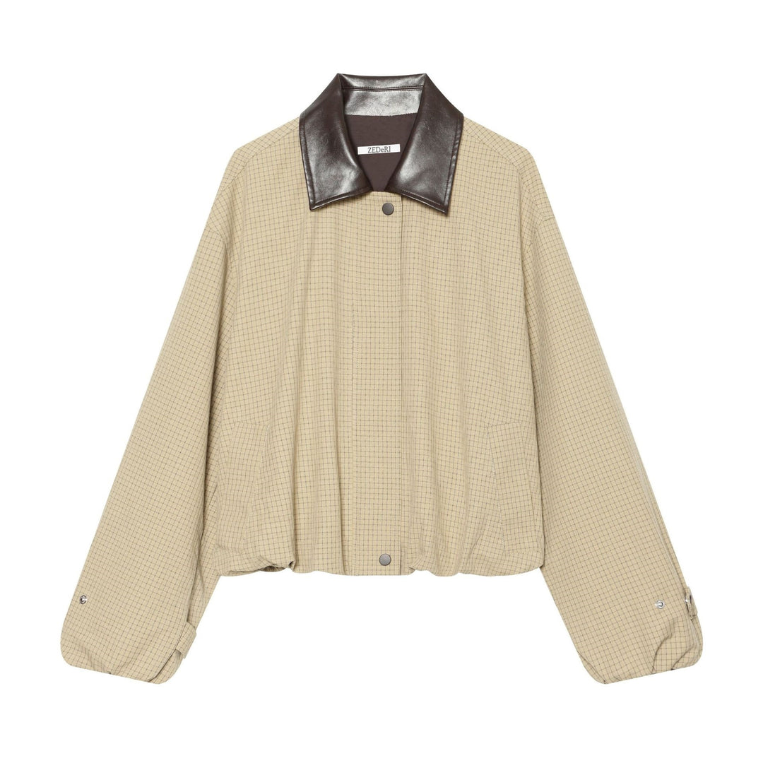 Damen Oversize-Boxy-Jacke mit Karomuster, Kunstleder-Revers und Kordelzugsaum Echo Archiv