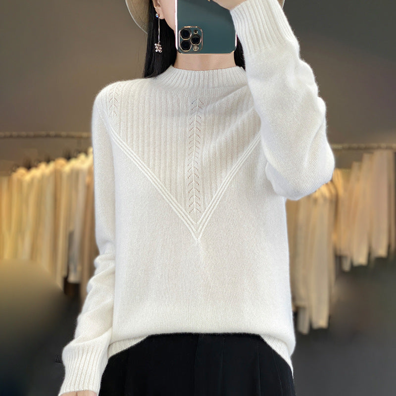 Damen Lockerer Mohair‑Blend Pullover mit strukturierter V‑Paneel und Stehkragen Echoarchiv