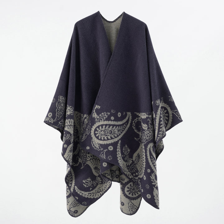 Damen Feines Woll-Cape im Überwurfstil mit kontrastierender Border-Jacquard – Avérine