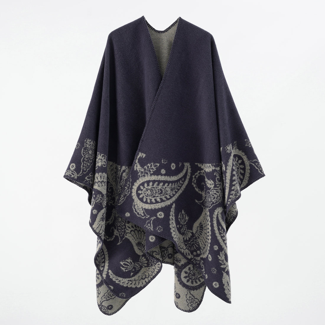 Damen Wollmix-Wendecape mit Paisley-Jacquard und offenem V-Ausschnitt – Montévia