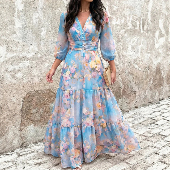 Damen Maxikleid mit Wickeloptik, V-Ausschnitt und geraffter Taillenpartie – Valéora
