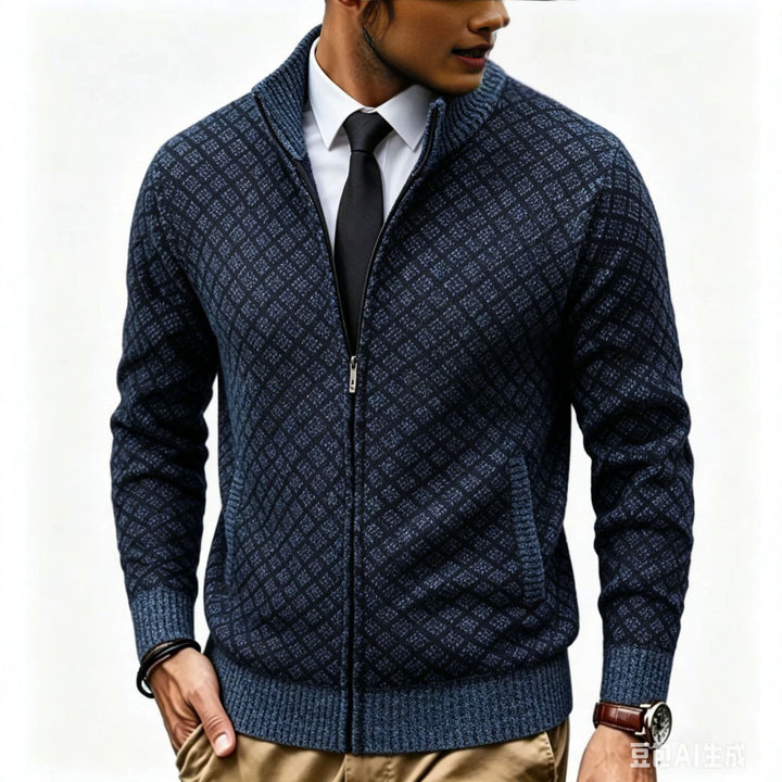 Herren Strukturierte Strickjacke mit Stehkragen und Diamant-Jacquard Echo Archiv