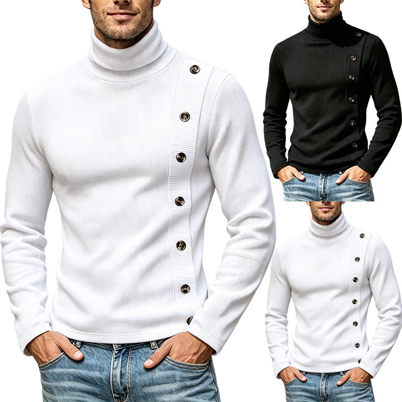 Herren Slim-Fit Rollkragenpullover mit asymmetrischer Zierknopfleiste aus Rippstrick Echoarchiv
