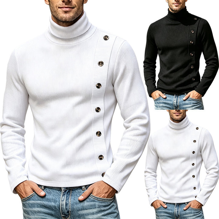 Herren Slim-Fit Rollkragenpullover mit asymmetrischer Zierknopfleiste aus Rippstrick Echoarchiv
