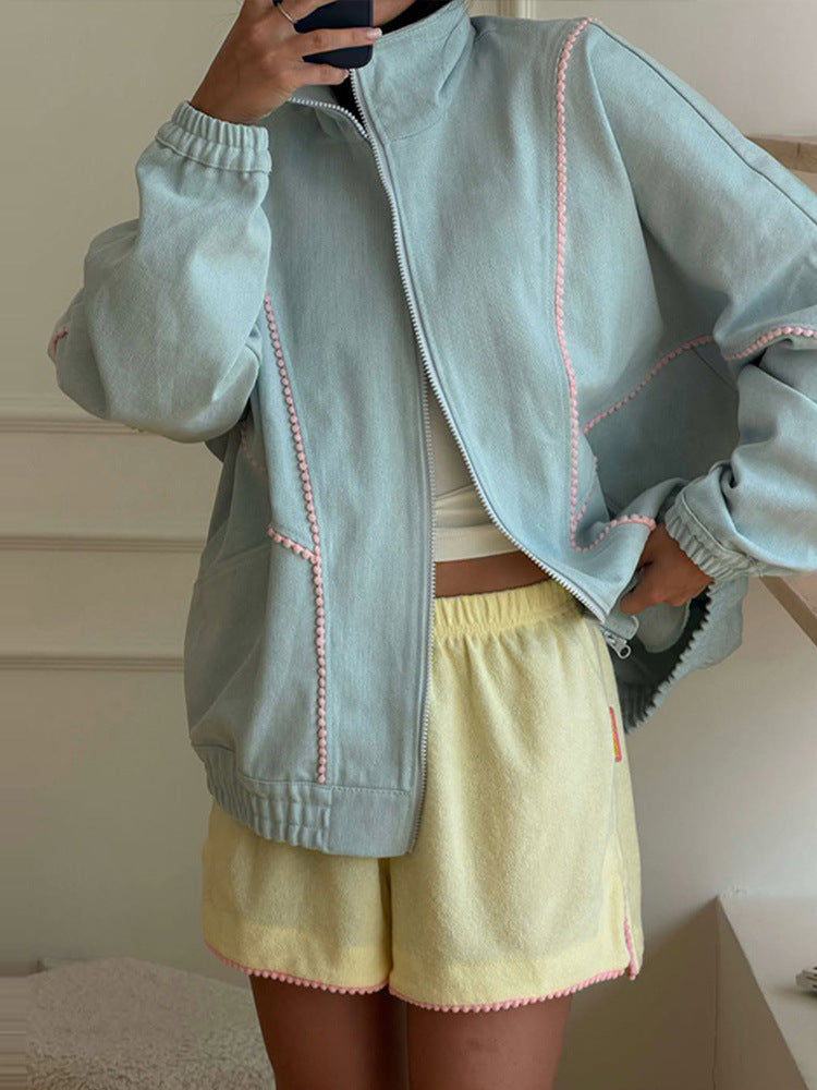Damen Frottee-Loungewear-Set mit Reißverschluss-Jacke, Oversize-Schnitt & Pompon-Besatz Echoarchiv