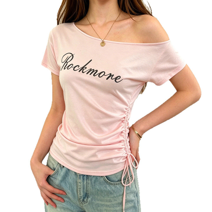 Damen Off-Shoulder T-Shirt mit Raffungen und modischem Schriftzug Echo Archiv