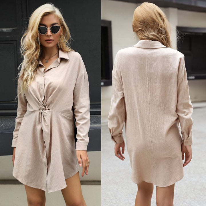 Damen Knoten-Blusenminikleid mit Hemdkragen und taillierter Wickeloptik Echoarchiv