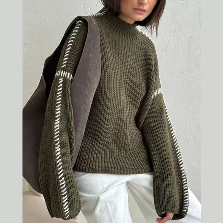 Damen nan Grobstrick-Oversize-Pullover mit hoher Rollkragenkante und Zierstich-Ärmeln Echo Archiv