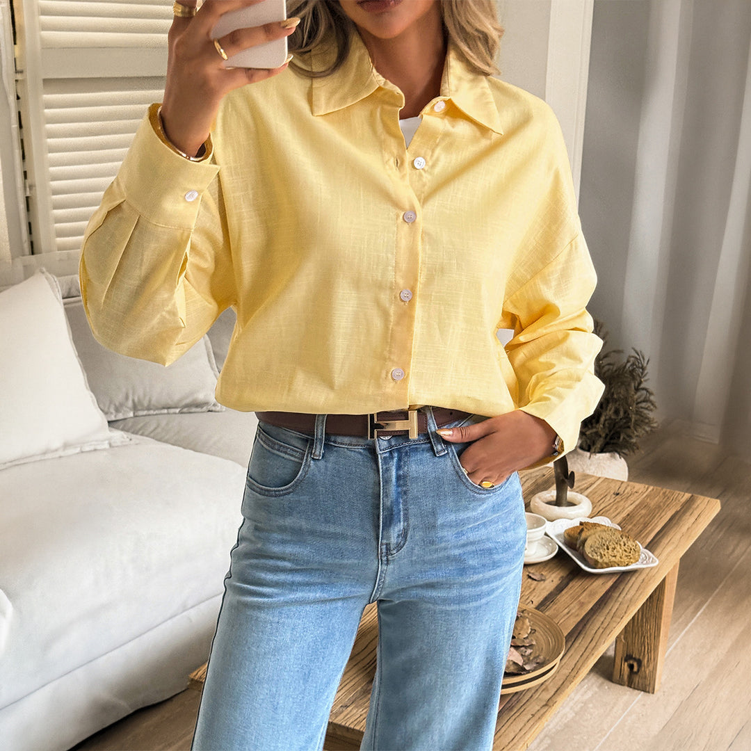 Damen oversized Leinen-Hemdbluse mit kastigem Schnitt und verdeckter Knopfleiste – Élovi