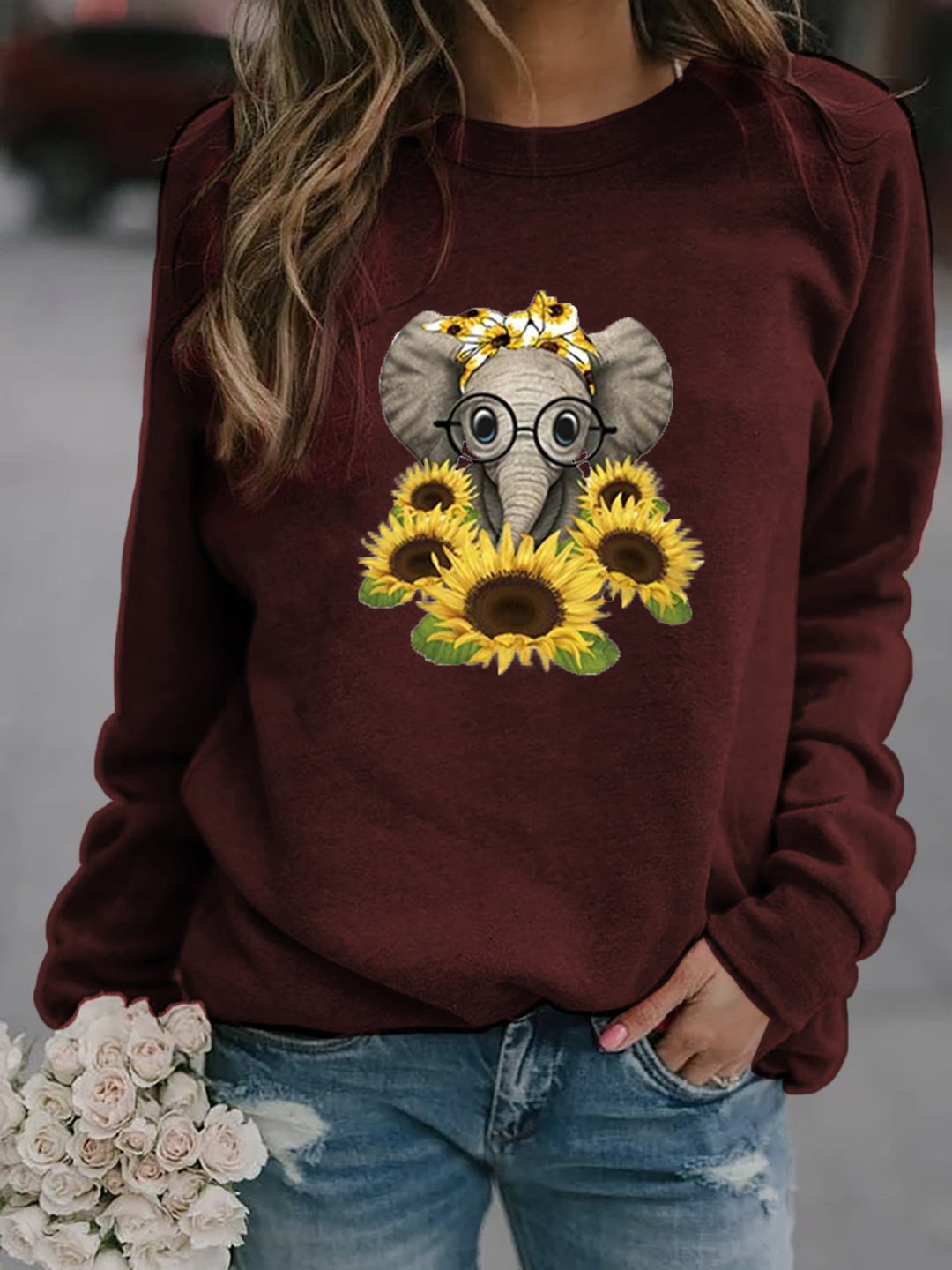 Damen-Sweatshirt mit Elefantenprint, Sonnenblumenmotiv und weichem Fleece – Mavelle