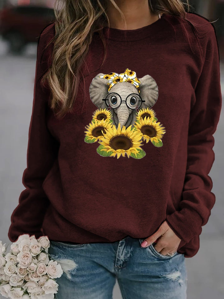 Damen-Sweatshirt mit Elefantenprint, Sonnenblumenmotiv und weichem Fleece – Mavelle