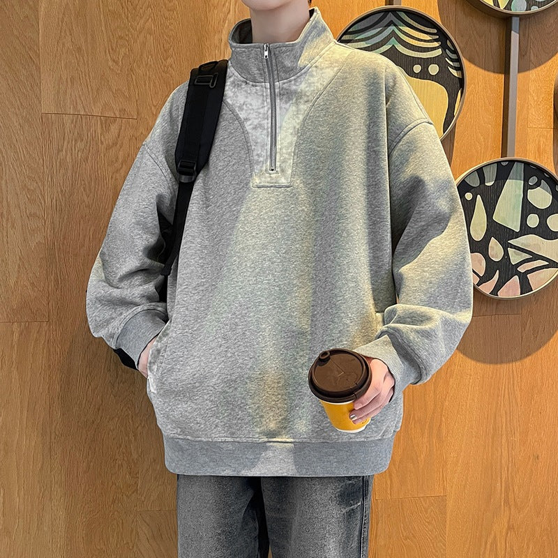 Herren Oversize Stehkragen-Halbzip-Sweatshirt mit Kängurutasche & Kontrast-Innenblende Echoarchiv