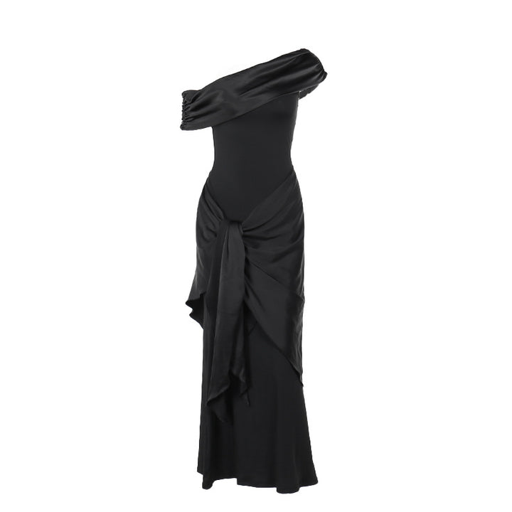 Damen bodenlanges Abendkleid mit asymmetrischem Schnitt und tiefem V-Ausschnitt Echo Archiv