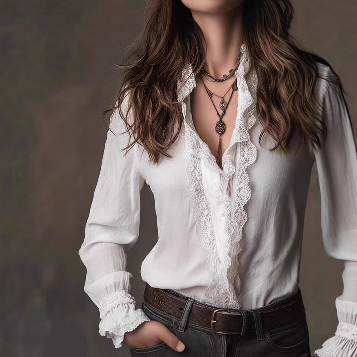 Damen elegante Bluse mit Rüschendetails und Spitzenbesatz Echo Archiv