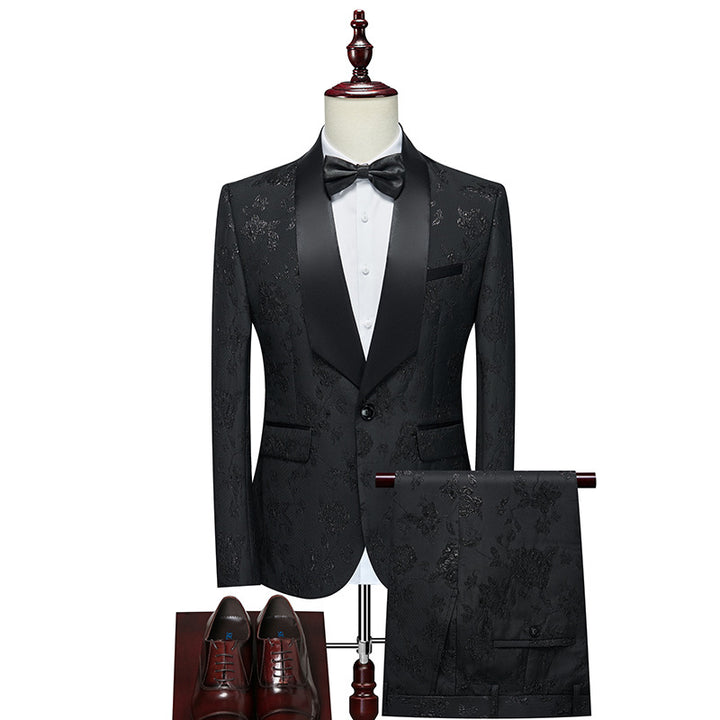 Herren Luxuriöses dreiteiliges Smoking-Set mit Schalrevers und Blumen-Jacquard Echo Archiv