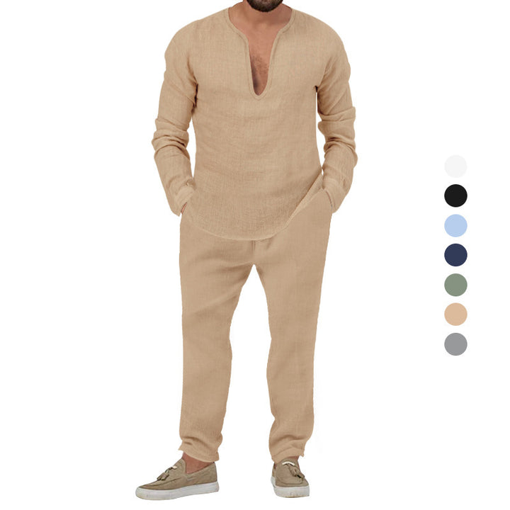 Herren Elegantes Leinen-Loungewear-Set mit Stehkragen Echoarchiv