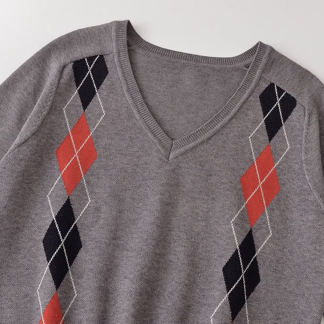 Damen V‑Ausschnitt Pullover mit Rautenmuster und legerer Oversize-Passform Echoarchiv