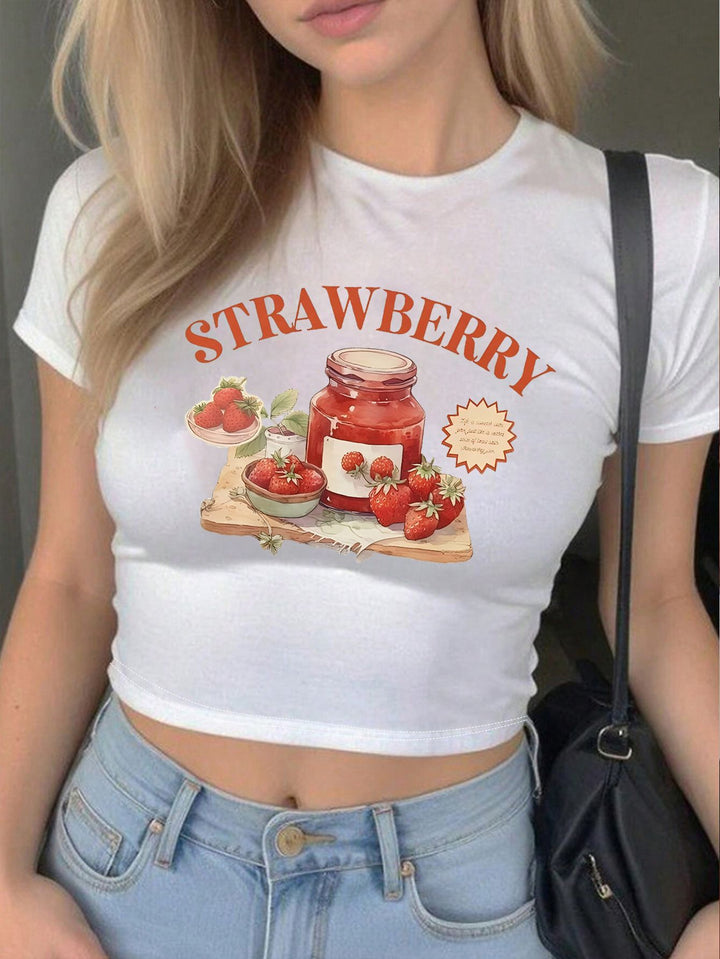 Damen Crop-Top mit kreativem Erdbeer-Design und figurbetontem Schnitt Echo Archiv