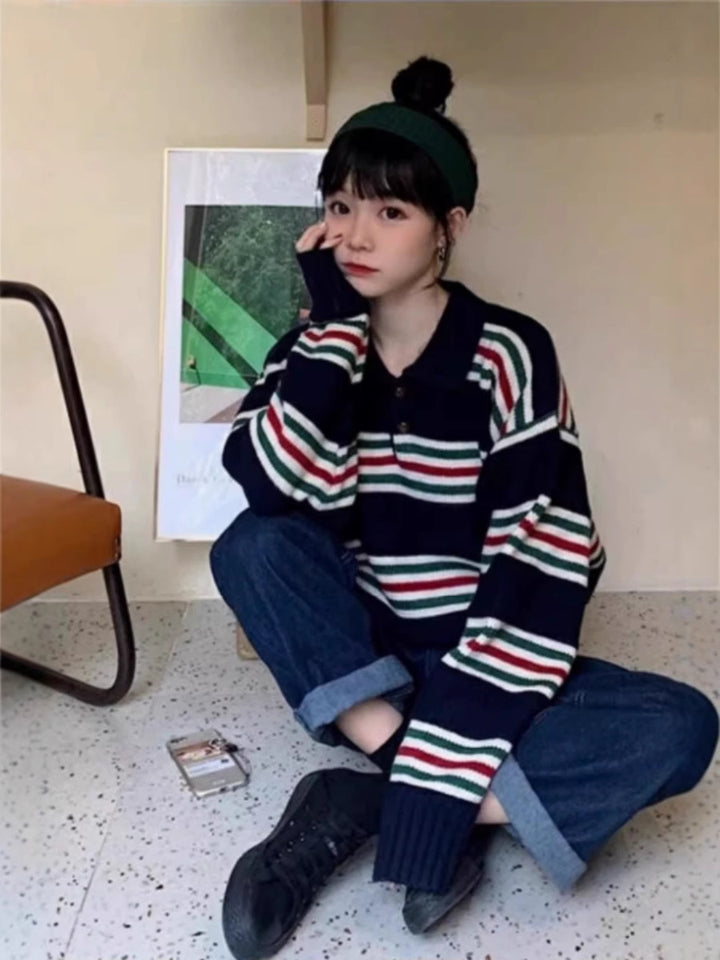 Damen Oversize Polokragen-Strickpullover mit maritimen Blockstreifen und kastiger Cropped-Silhouette Echoarchiv