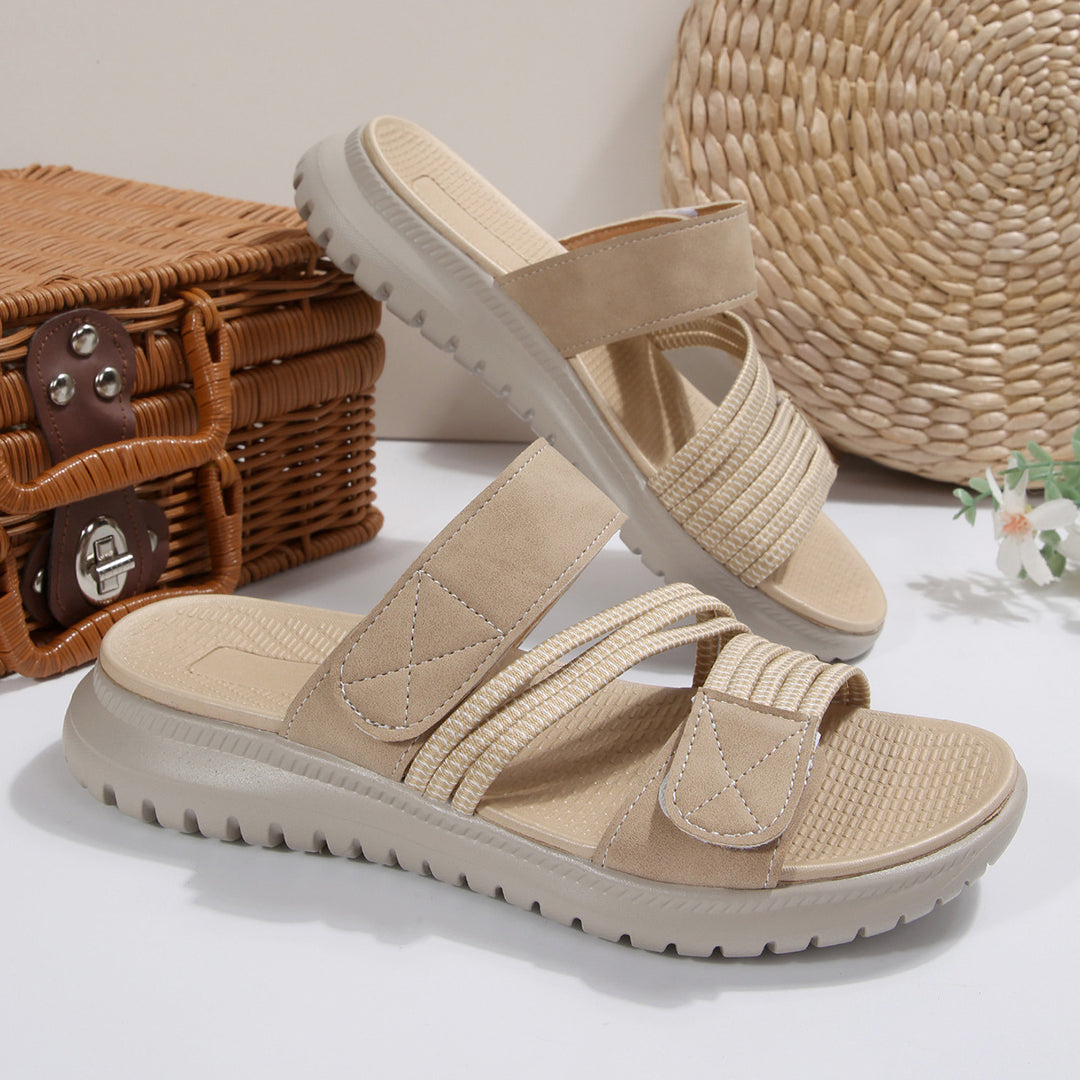 Damen Komfort-Pantolette mit verstellbaren Klettriemen, elastischen Zierbändern und stoßdämpfender Profilsohle Echo Archiv