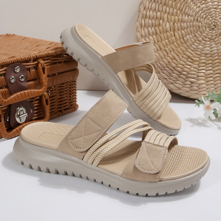 Damen Komfort-Pantolette mit verstellbaren Klettriemen, elastischen Zierbändern und stoßdämpfender Profilsohle Echo Archiv