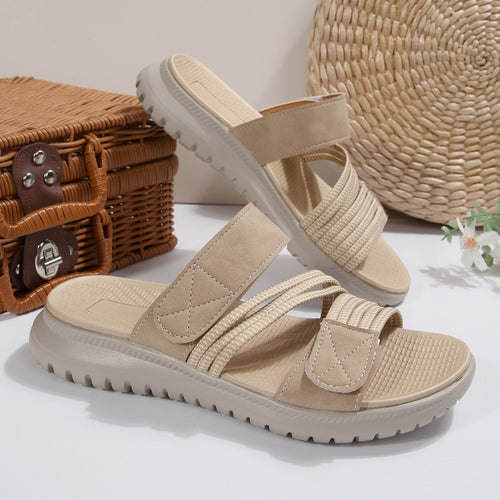 Damen Komfort-Pantolette mit verstellbaren Klettriemen, elastischen Zierbändern und stoßdämpfender Profilsohle Echo Archiv