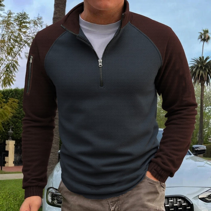 Herren slimfit Halbzip-Pullover mit Raglanärmeln, Waffelstruktur und Ärmeltasche – Marzano