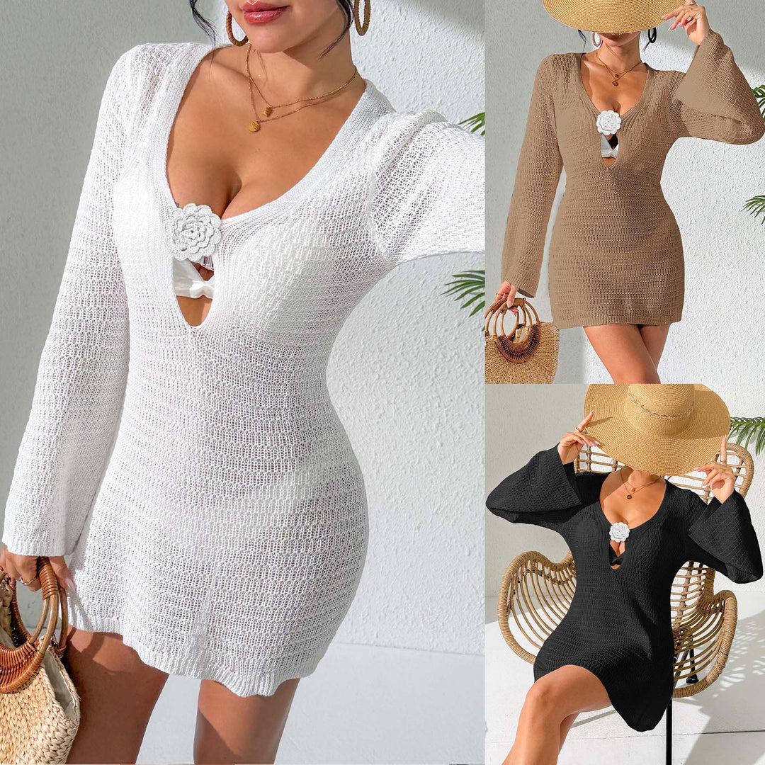 Damen gehäkeltes Strandkleid mit tiefem V-Ausschnitt und eleganter Blüte Echo Archiv