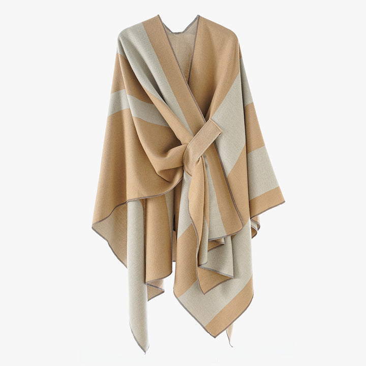 Damen Wickel‑Cape mit breitem Streifenmuster und Bindegürtel – Avérine