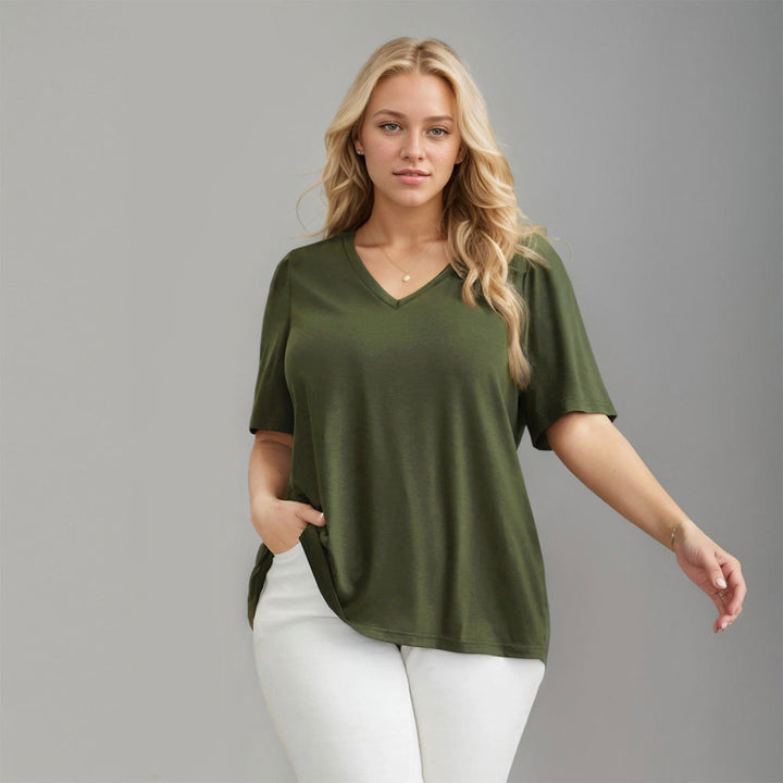 Damen Lässiges V-Ausschnitt T-Shirt mit Seitentaschen und weichem Material Echo Archiv