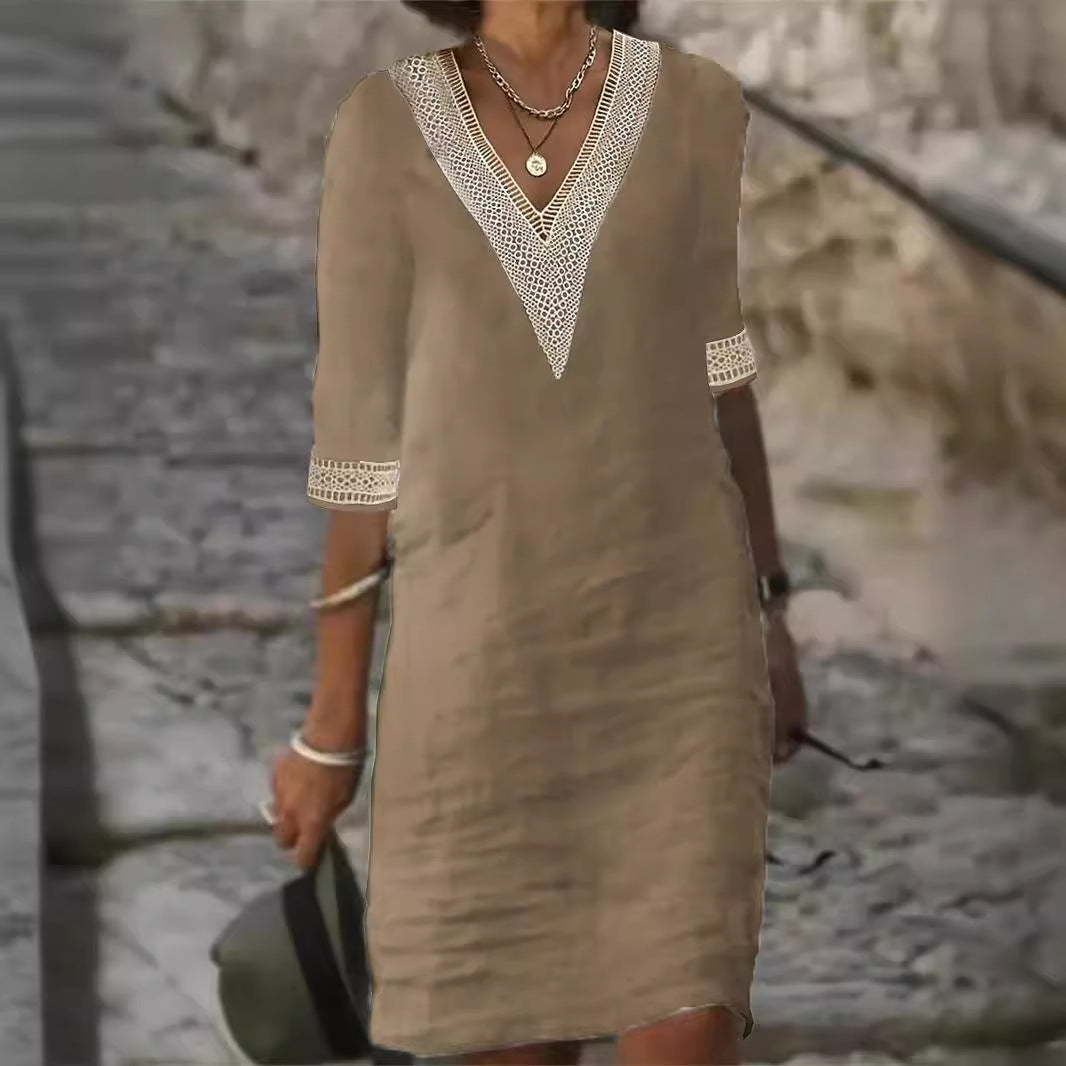 Damen Leinenlook Midi Kleid mit gehäkeltem V-Ausschnitt und 3/4 Ärmeln Echoarchiv