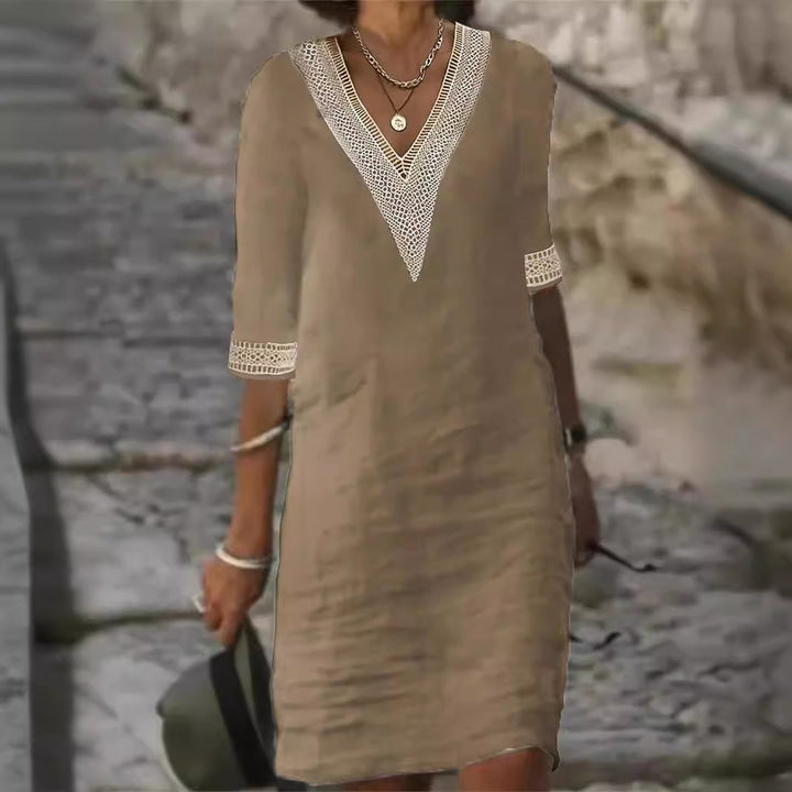 Damen Leinenlook Midi Kleid mit gehäkeltem V-Ausschnitt und 3/4 Ärmeln Echoarchiv