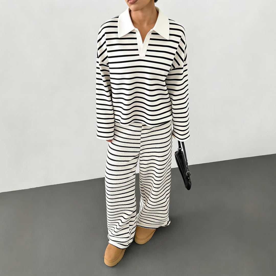 Damen Gestreifter Strickpullover mit Polokragen und Oversize-Ärmeln Echoarchiv
