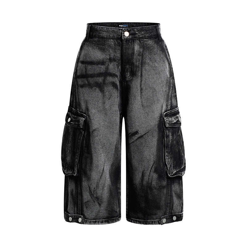 Damen High-Waist Denim-Cargo-Culotte mit weiten Beinen und aufgesetzten Taschen Echoarchiv